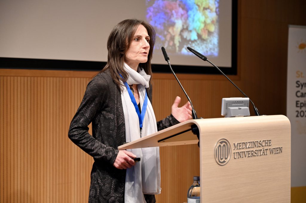 The scientist Paola Scaffidi stands behind a speakers desk presenting her research